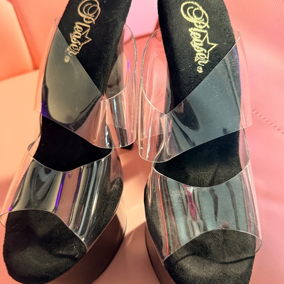 Pleaser 7" Sky #302- Black with Clear Double Strap Slides- Size 9 - Picture 2 of 6